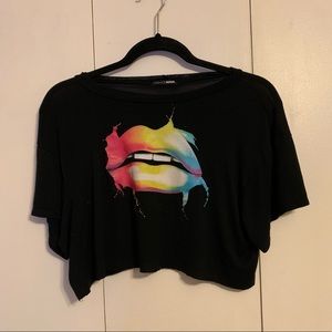 Fashion Nova Black Crop Top with Rainbow Lips